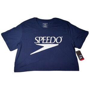 SPEEDO Women Size XL Navy Cropped Short Sleeve Logo T-Shirt NEW